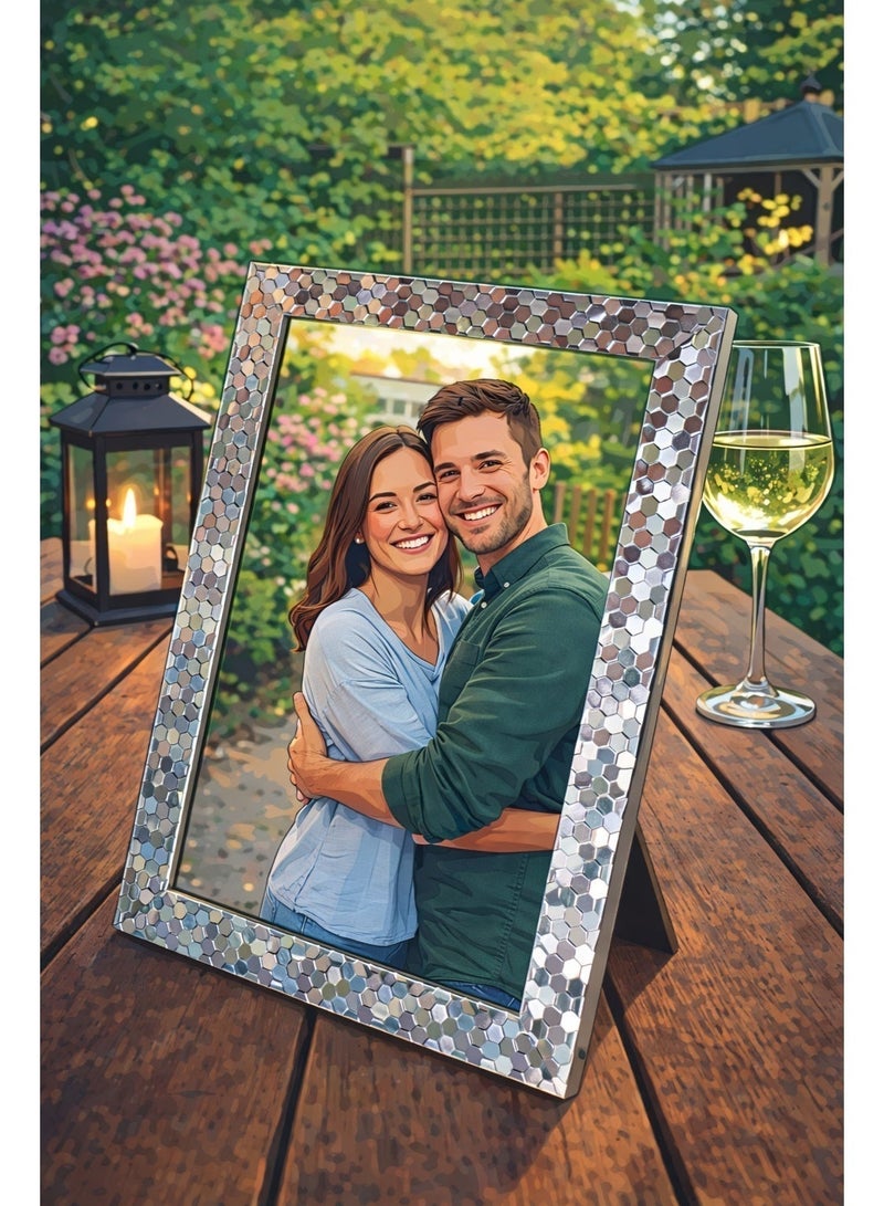A4 Decorative Photo Frame – Silver Mosaic Pattern, Tabletop & Wall-Mount Picture Frame (21 × 29.7 cm) - Image 1